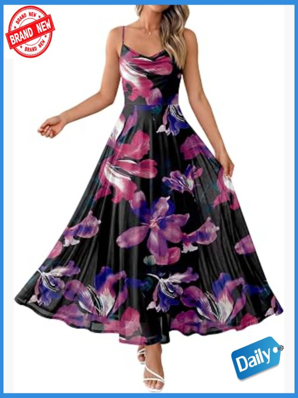 Floral Maxi Dress Spaghetti Strap Cowl Neck Mesh Wedding Guest